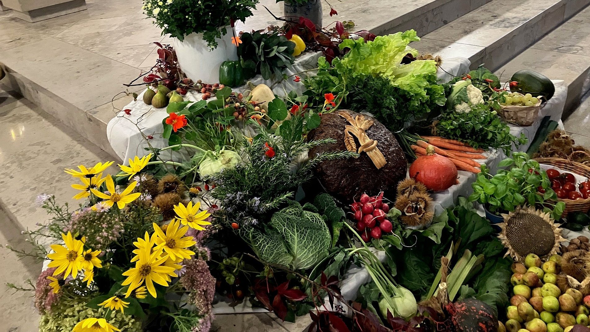 Erntedankteppich auf den Stufen zum Altar