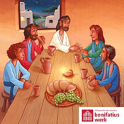 Jesus sitzt mit Freunden am Tisch und bricht das Brot